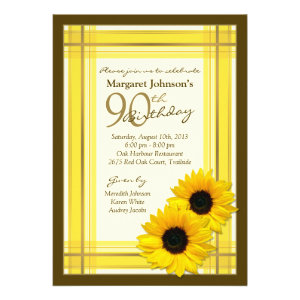 Yellow Brown Plaid Sunflower 90th Birthday Invites