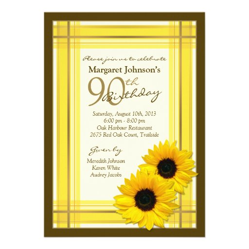 Yellow Brown Plaid Sunflower 90th Birthday Invites (front side)