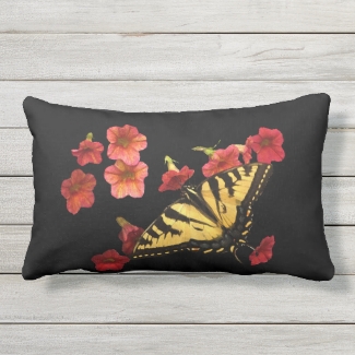 Yellow Butterfly on Red Flowers Outdoor Pillow