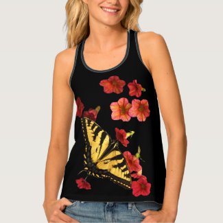 Yellow Butterfly on Red Flowers Tank Top