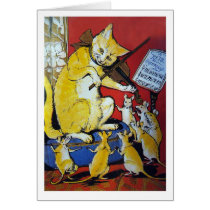 Yellow Cat Plays the Violin For Happy Dancing Rats Greeting Cards