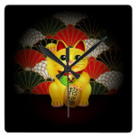 Yellow Ceramic Maneki Neko Wallclock