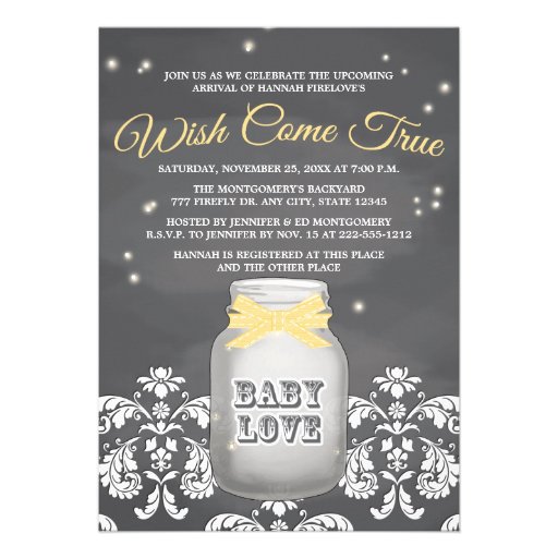 YELLOW Chalkboard Firefly Mason Jar Baby Shower Custom Invitation