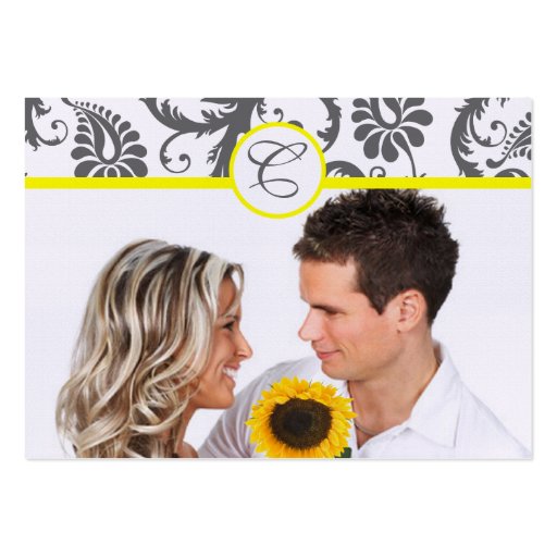 Yellow & Charcoal Gray Damask Wedding Info Cards Business Card Template (back side)