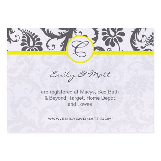 Yellow & Charcoal Gray Damask Wedding Info Cards Business Card Template (front side)