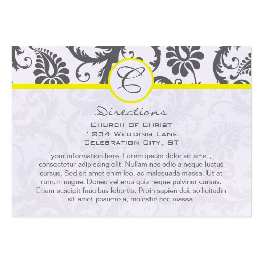 Yellow & Charcoal Gray Damask Wedding Info Cards Business Card Template (front side)
