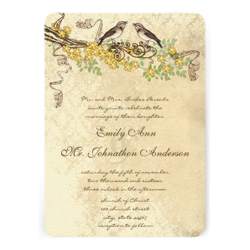 Yellow Cherry Blossom Vintage Bird Weddings Invitation