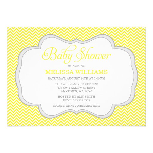 Yellow Chevron Gray Frame Baby Shower Invitations