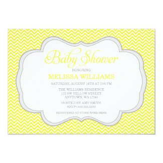 Yellow Chevron Gray Frame Baby Shower Invitations