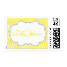 Yellow Chevron Gray Frame Baby Shower Postage Stamp