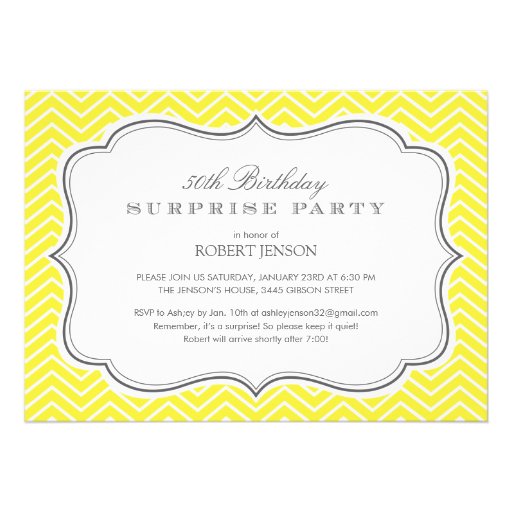 Yellow Chevron Stripes Surprise Party Invitations (front side)