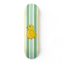 Yellow chickadee on green striped skateboard