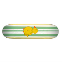 Yellow chickadee on green striped skateboard