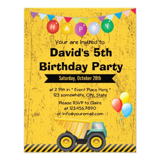 Yellow Construction Truck Boy Birthday Party Custom Invitations (front side)