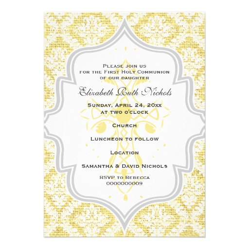 Yellow Cross white damask burlap First Communion Personalized Announcements