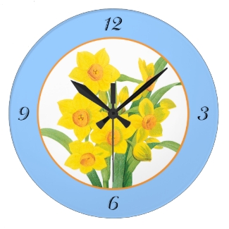 Yellow Daffodils on Blue Floral Clock 4 Numbers
