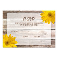 Yellow Daisy Barn Wood Wedding RSVP Response Card Invite