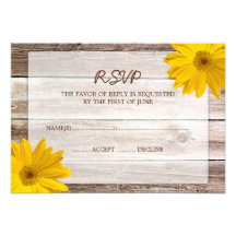 Yellow Daisy Barn Wood Wedding RSVP Response Card Invite