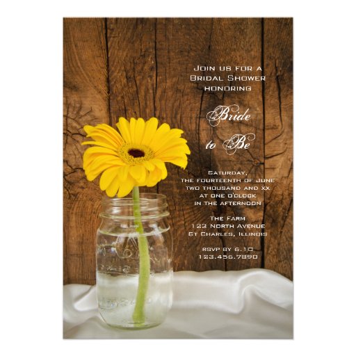 Yellow Daisy in Mason Jar Country Bridal Shower Custom Invitations