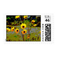 Yellow daisy ish flowers green background stamp