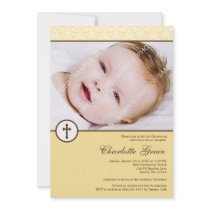 Yellow Damask Cross Photo Baptism Christening Personalized Invitations