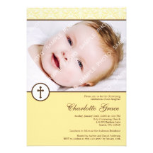 Yellow Damask Cross Photo Baptism Christening Personalized Invitations