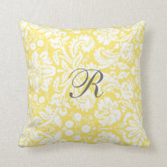 Yellow Damask Pattern Monogram Pillow