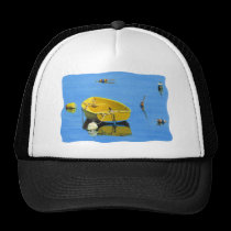 yellow dory with buoys at rockport hats