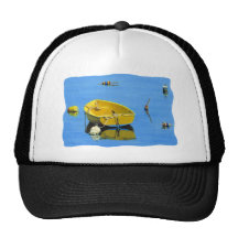 yellow dory with buoys at rockport trucker hat