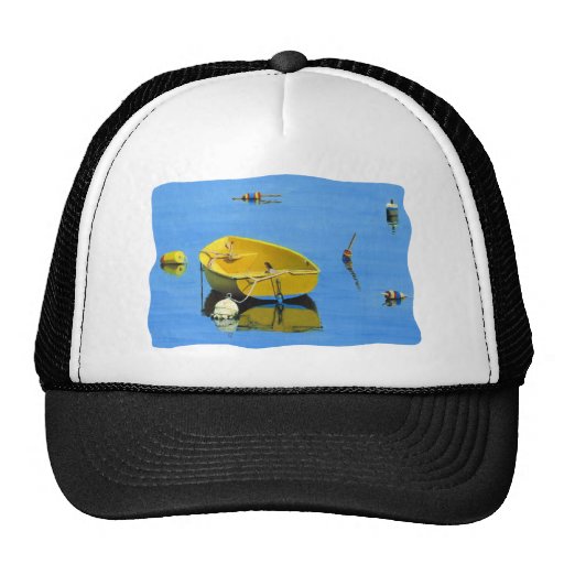 yellow dory with buoys at rockport trucker hat