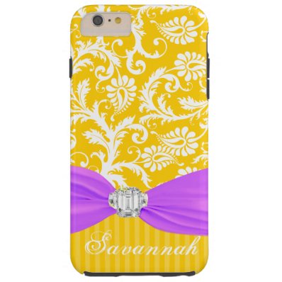 Yellow Faux Rhinstone Personalized Damask iPhone Tough iPhone 6 Plus Case