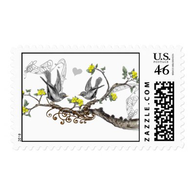 Yellow Flowers Gray Vintage Love Birds Stamps