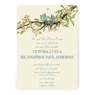 Yellow Flowers Teal Aqua Blue Bird Wedding Invites