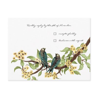 Yellow Flowers Teal Vintage Birds Response Card postcard