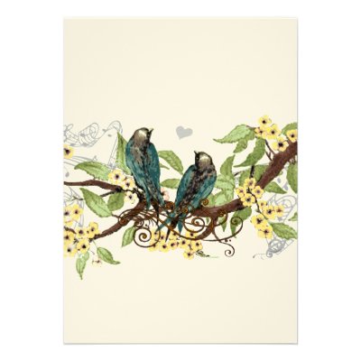 Yellow Flowers Teal Vintage Birds Wedding Invite