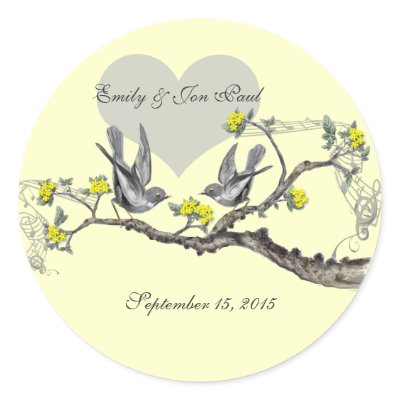 Yellow Flowers Vintage Love Birds Wedding Stickers