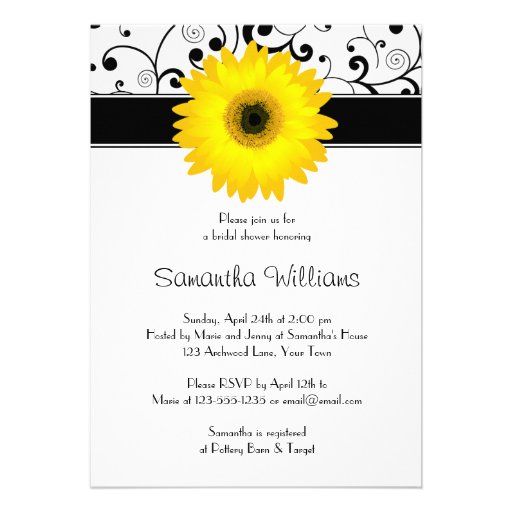 Yellow Gerbera Daisy Black Scroll Bridal Shower Personalized Invitations