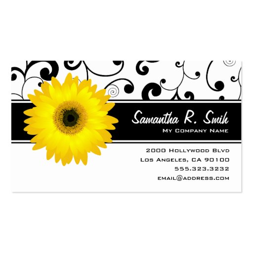 Yellow Gerbera Daisy Black & White Scroll Business Card Templates (front side)