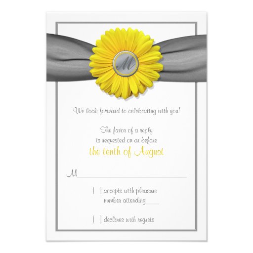 Yellow Gerbera Daisy Grey Ribbon RSVP reply card (front side)