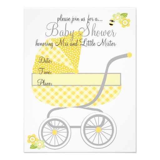 Yellow Gingham Baby Buggy Custom Invite (front side)