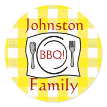 Yellow Gingham-Family BBQ Round Stickers