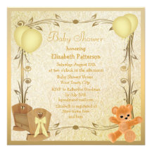Yellow & Gold Vintage Baby Shower Crib & Teddy Personalized Announcement