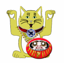 yellow/golden maneki neko w/daruma photo sculptures