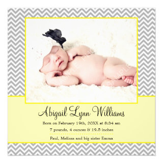 Yellow Gray Chevron Girl Photo Birth Announcement