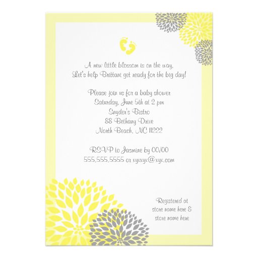 Yellow Gray Dahlia Baby Shower Invite with feet (front side)