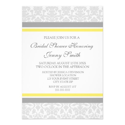 Yellow Gray Damask Bridal Shower Invitation Cards