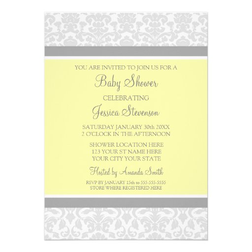 Yellow Gray Damask Custom Baby Shower Invitations
