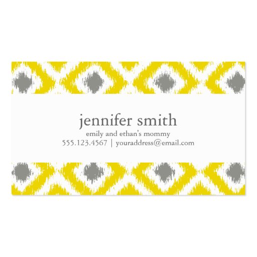 Yellow Gray Diamonds Ikat Pattern Business Card Template (front side)