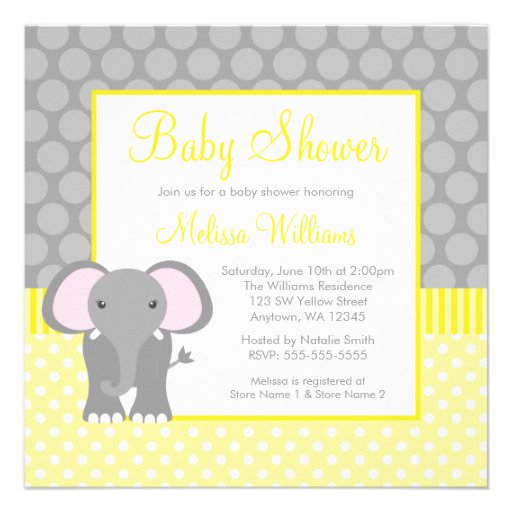 Yellow Gray Elephant Polka Dot Boy Baby Shower Custom Invites