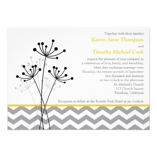 Yellow, Gray Floral, Chevron Wedding Invite